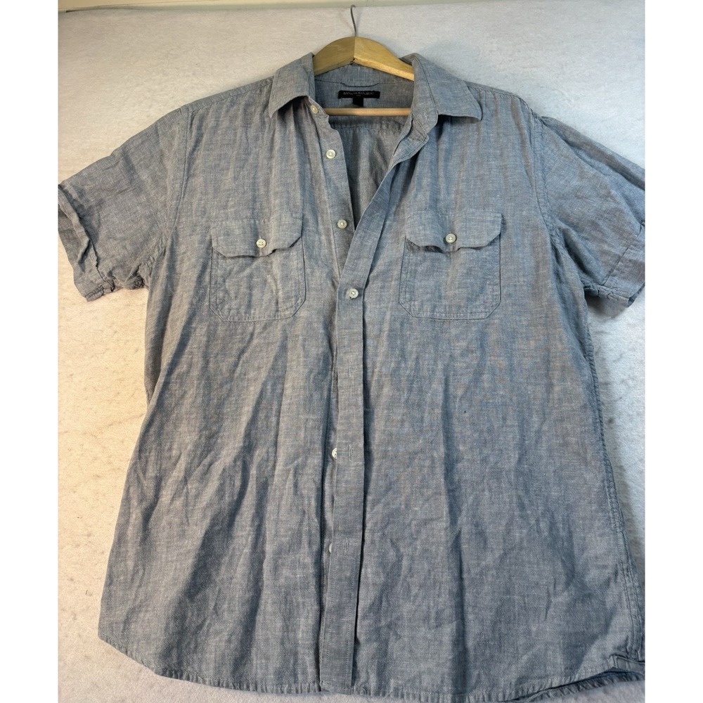Banana Republic Mens L Blue Linen Blend  Button Down Short Sleeve Shirt Cool